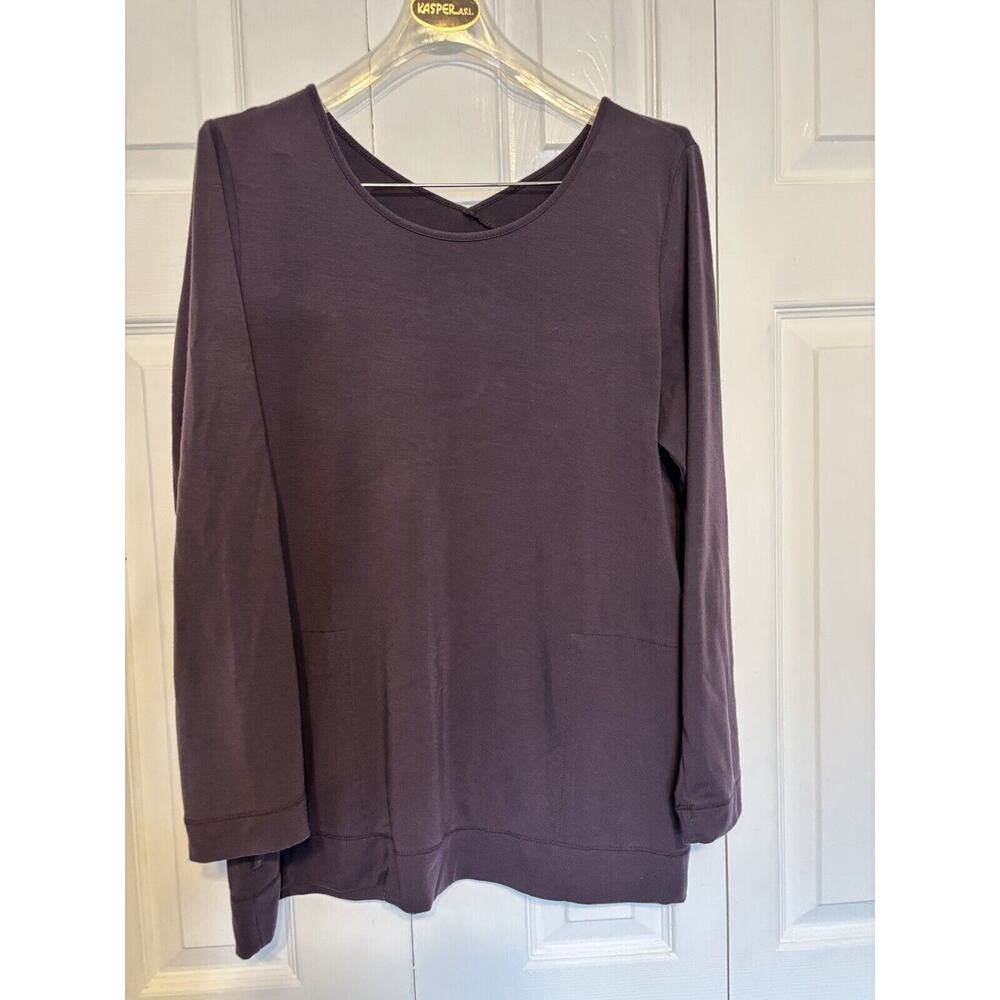 J Jill Womens Blouse Petite Medium Purple Back Keyhole Tunic Pockets Long Sleeve